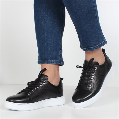 Siyah Beyaz Taban Bağcıklı Erkek Deri Sneaker 642 1507-1